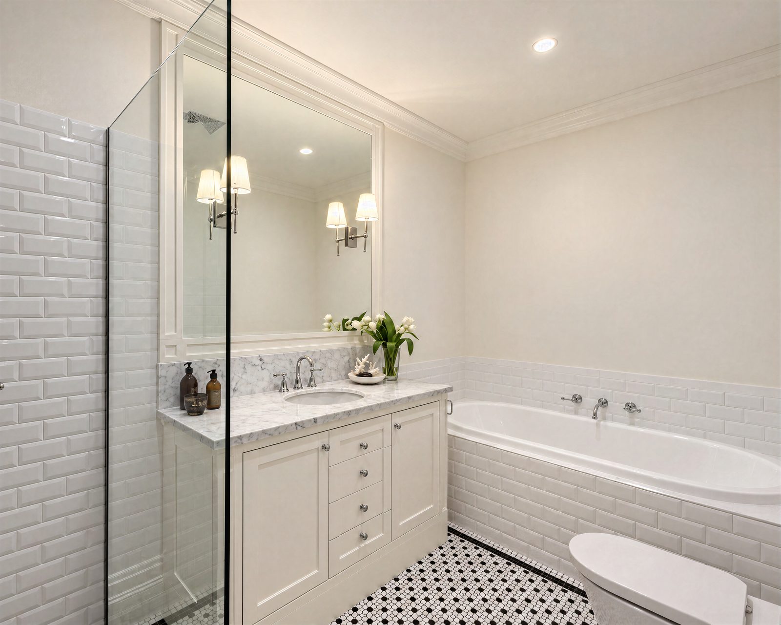 White Shaker vanity with a marble top