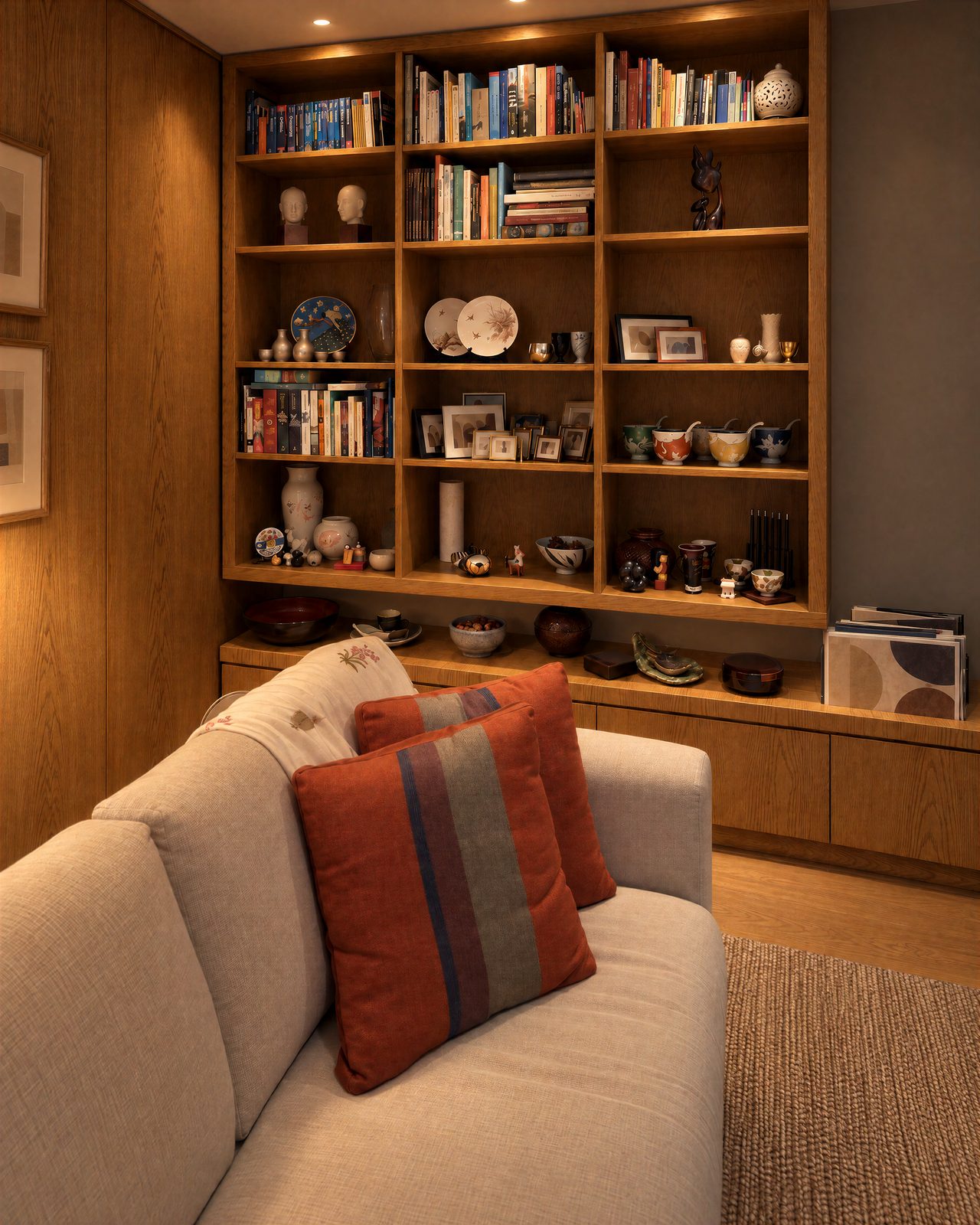 Built-in oak bookcase and cabinet wall