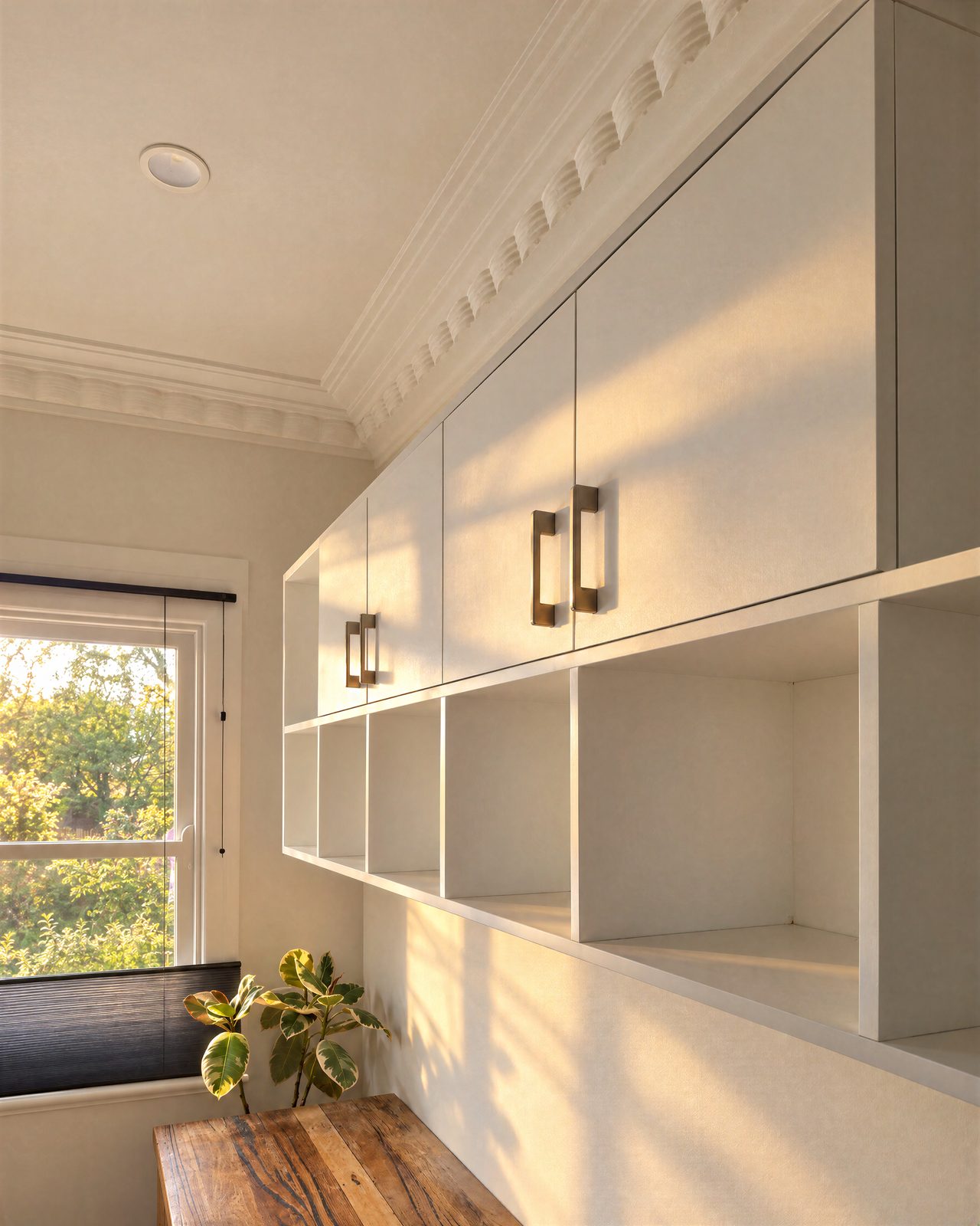 White wall cabinets with open display cubbies