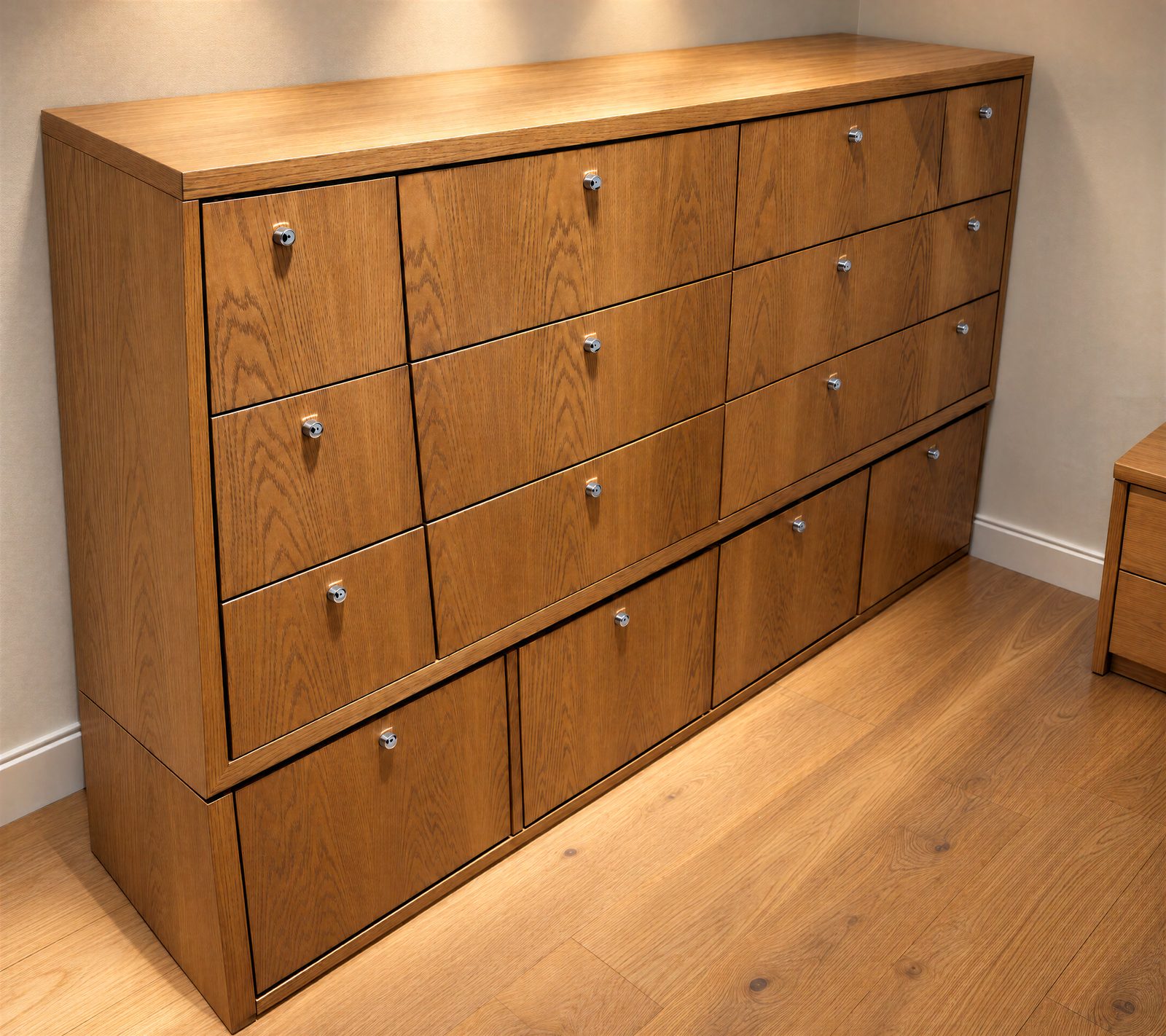 Solid oak chest of drawers with staggered drawer fronts