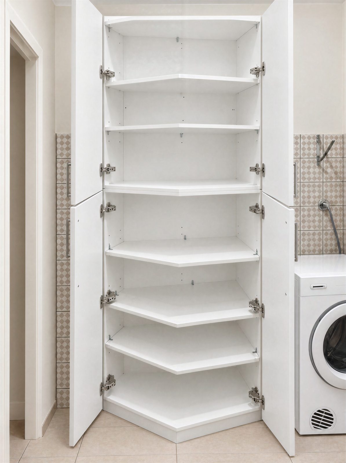 Corner pantry open, with angled shelves reaching into the corner