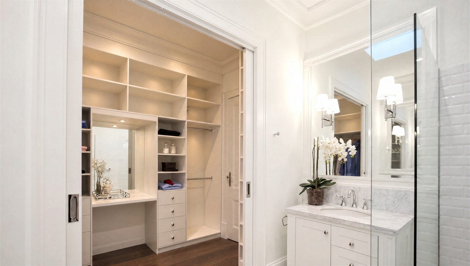 Walk-in wardrobe with a dressing desk, shelving, drawers and hanging space
