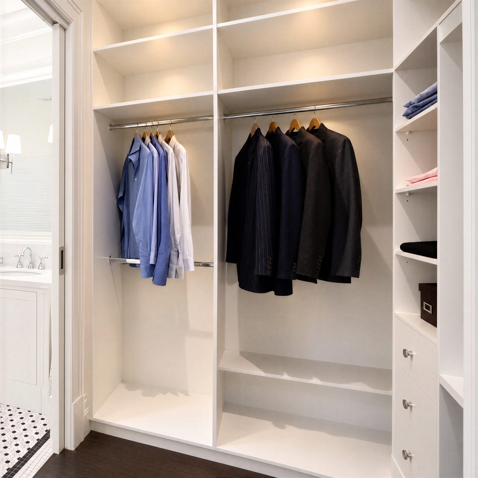 Walk-in wardrobe with hanging rails, open shelving and drawers